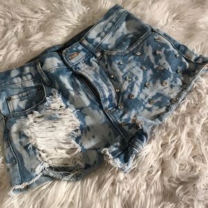 Tie dye ripped studded shorts